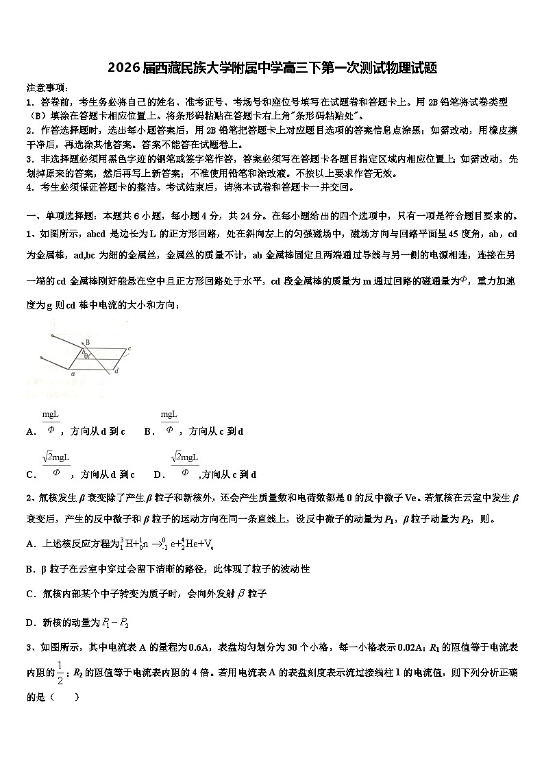 2026届西藏民族大学附属中学高三下第一次测试物理试题含解析第1页