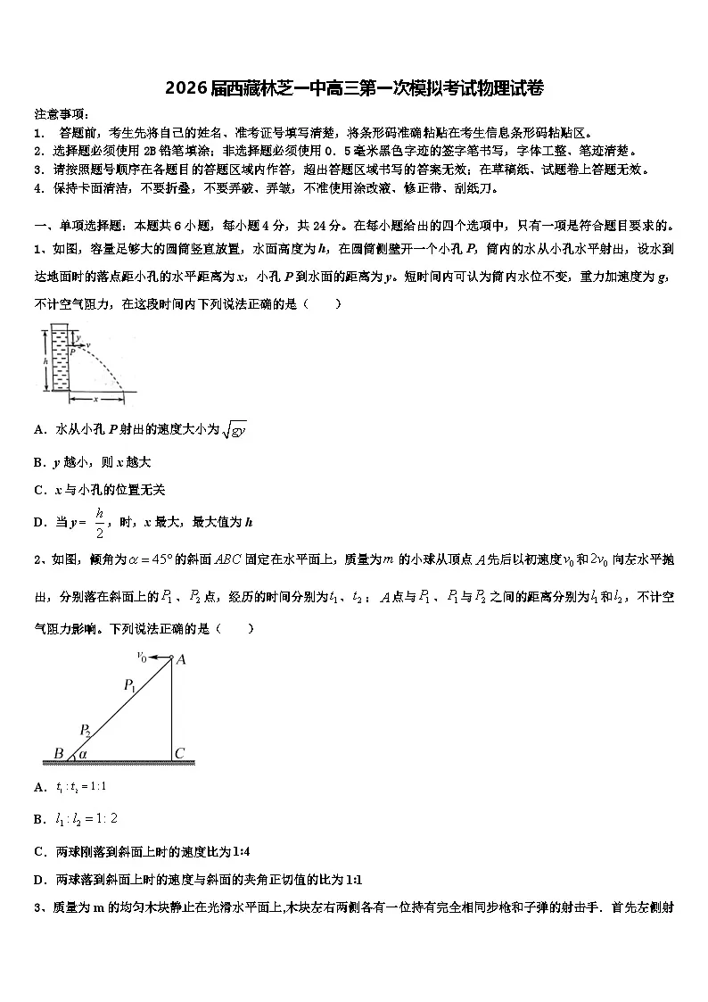 2026届西藏林芝一中高三第一次模拟考试物理试卷含解析第1页