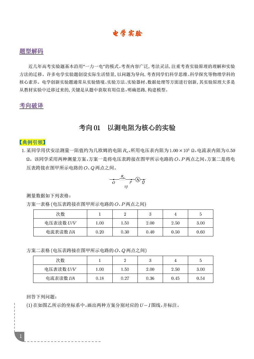 电学实验（3大题型）（题型专练）（全国通用）（学生版）第1页