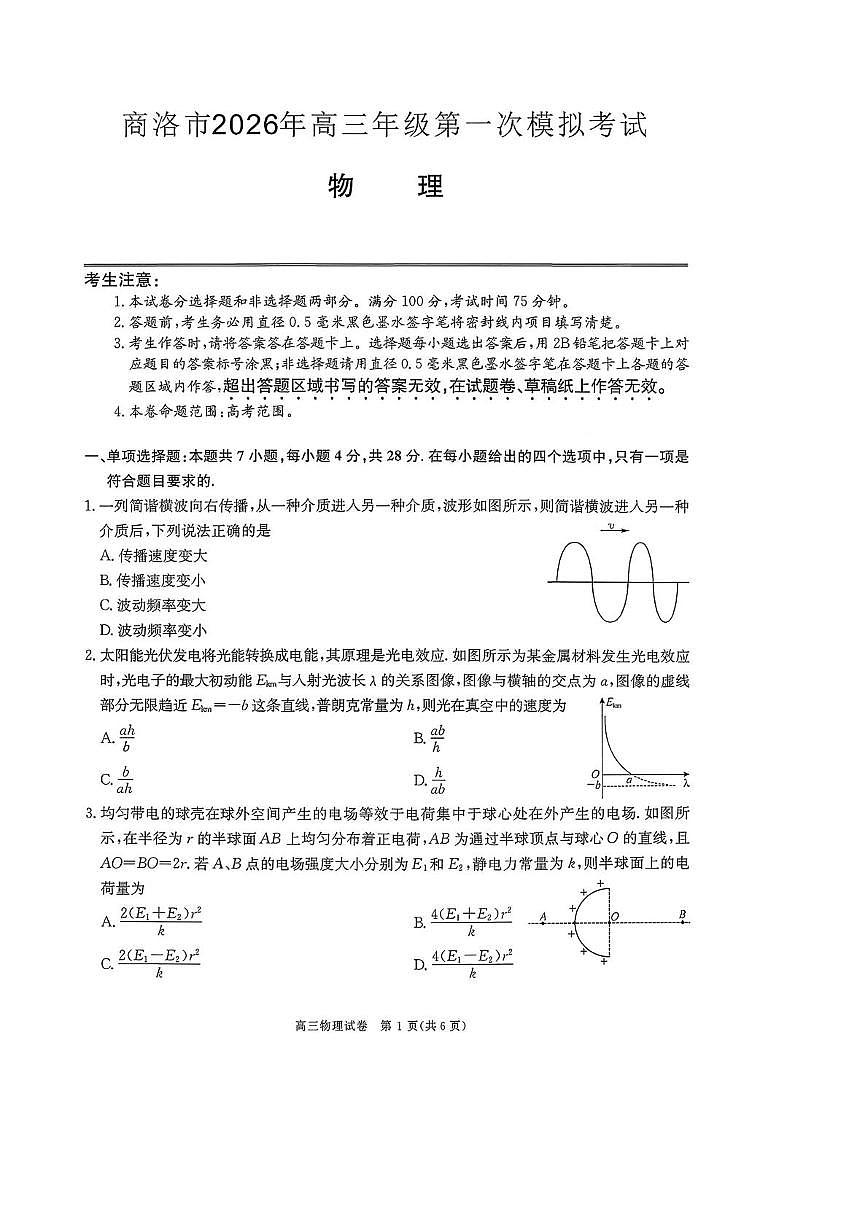2026届陕西商洛市高三下学期3月第一次模拟考试物理试题+答案第1页