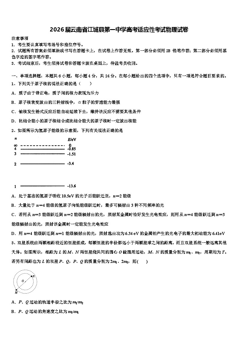 2026届云南省江城县第一中学高考适应性考试物理试卷含解析第1页
