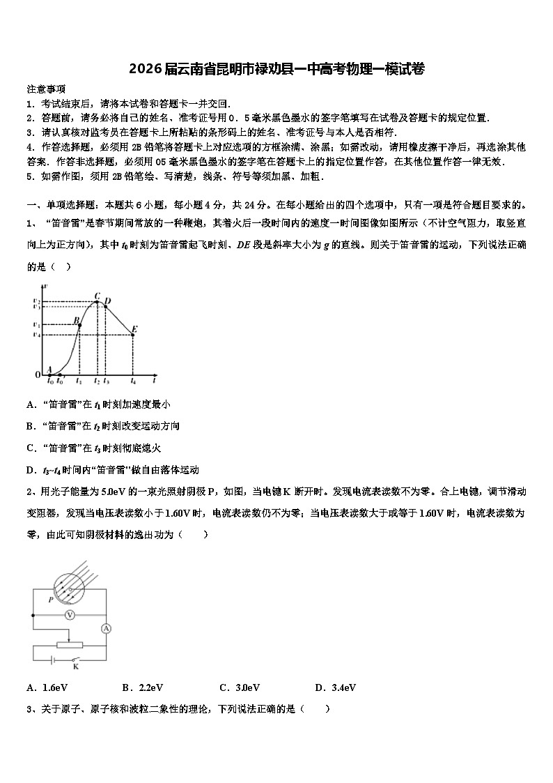 2026届云南省昆明市禄劝县一中高考物理一模试卷含解析第1页