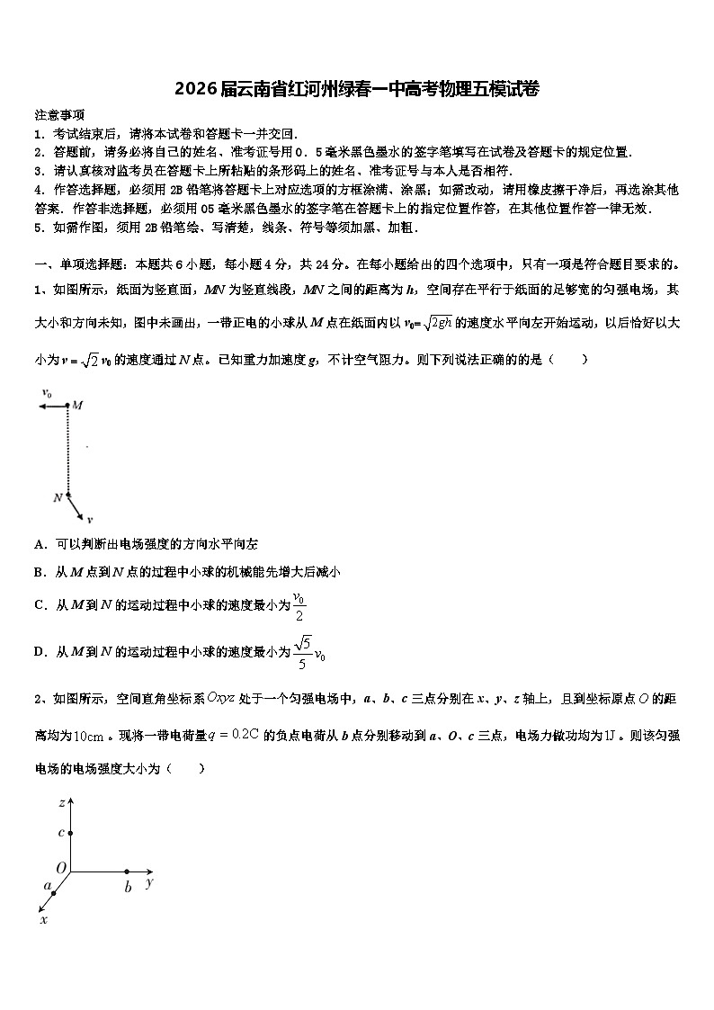 2026届云南省红河州绿春一中高考物理五模试卷含解析第1页