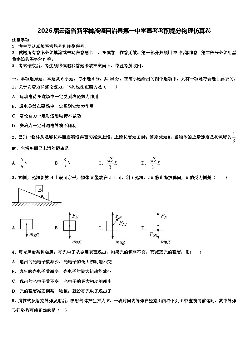 2026届云南省新平彝族傣自治县第一中学高考考前提分物理仿真卷含解析第1页