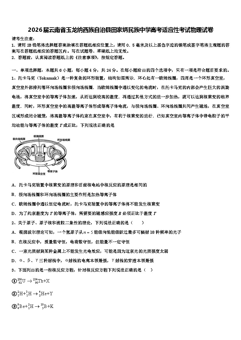2026届云南省玉龙纳西族自治县田家炳民族中学高考适应性考试物理试卷含解析第1页