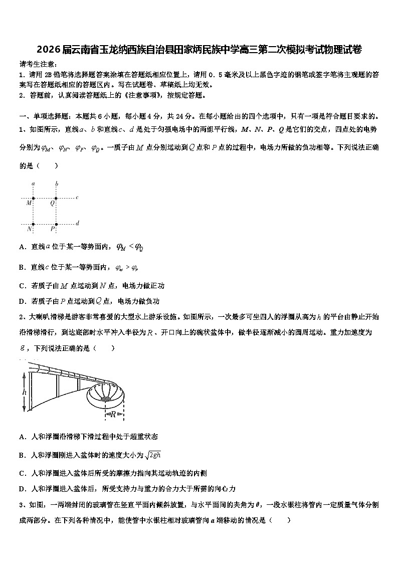 2026届云南省玉龙纳西族自治县田家炳民族中学高三第二次模拟考试物理试卷含解析第1页