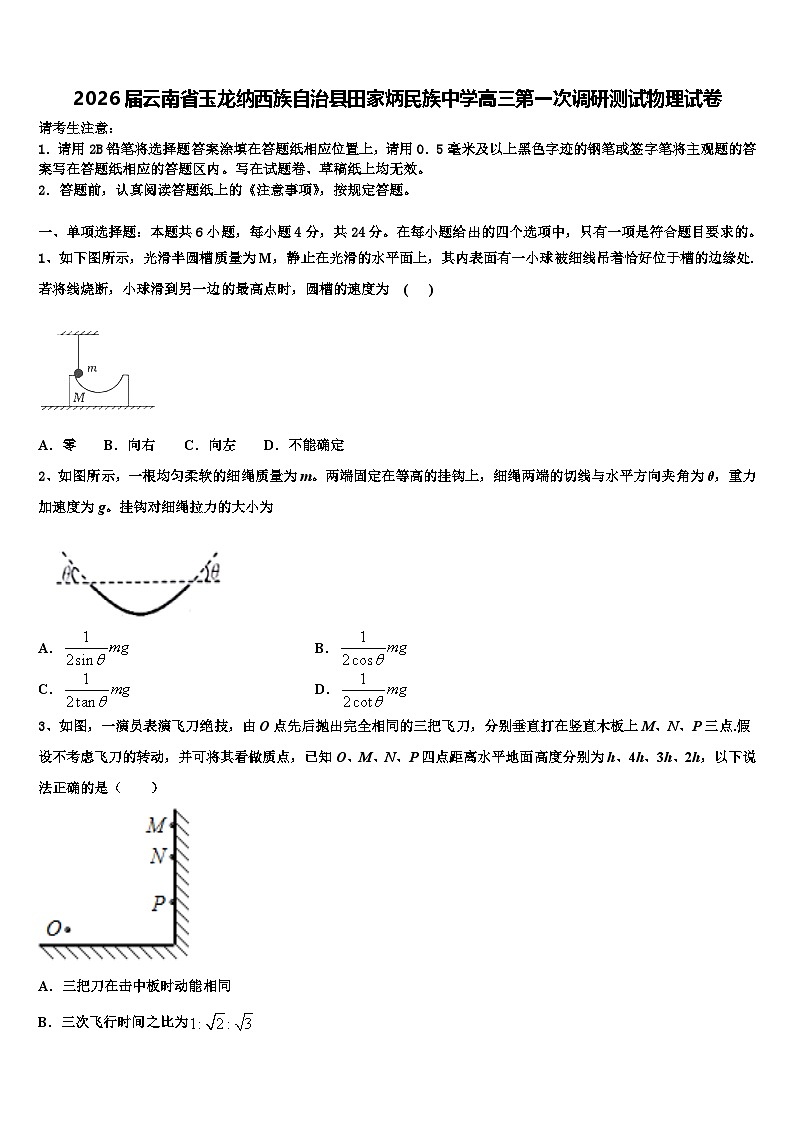 2026届云南省玉龙纳西族自治县田家炳民族中学高三第一次调研测试物理试卷含解析第1页