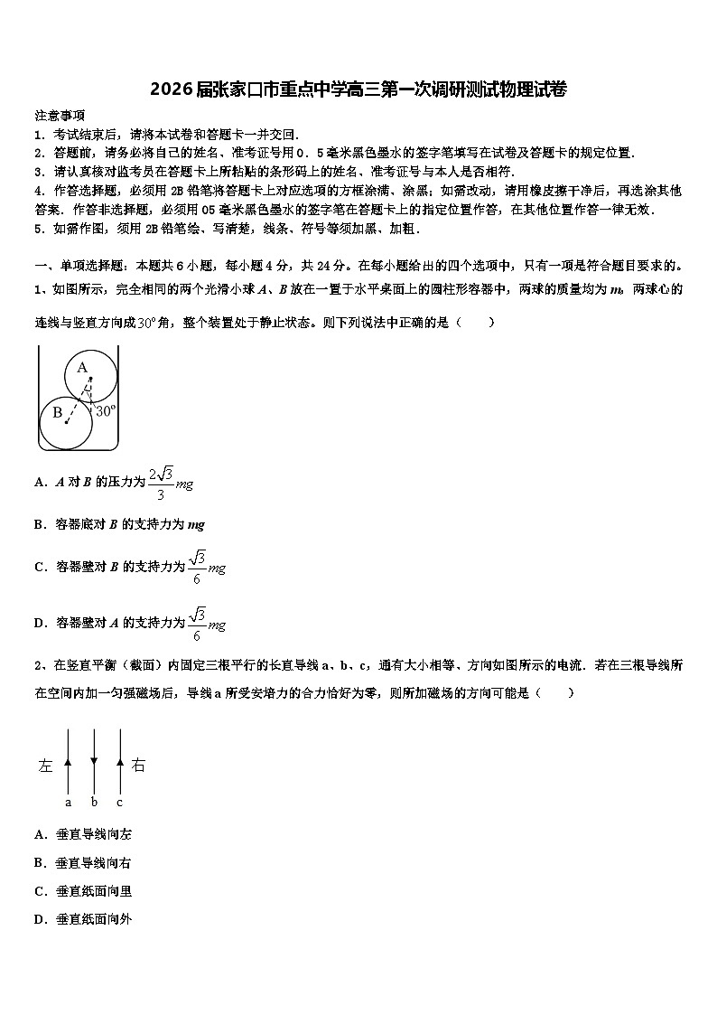 2026届张家口市重点中学高三第一次调研测试物理试卷含解析第1页