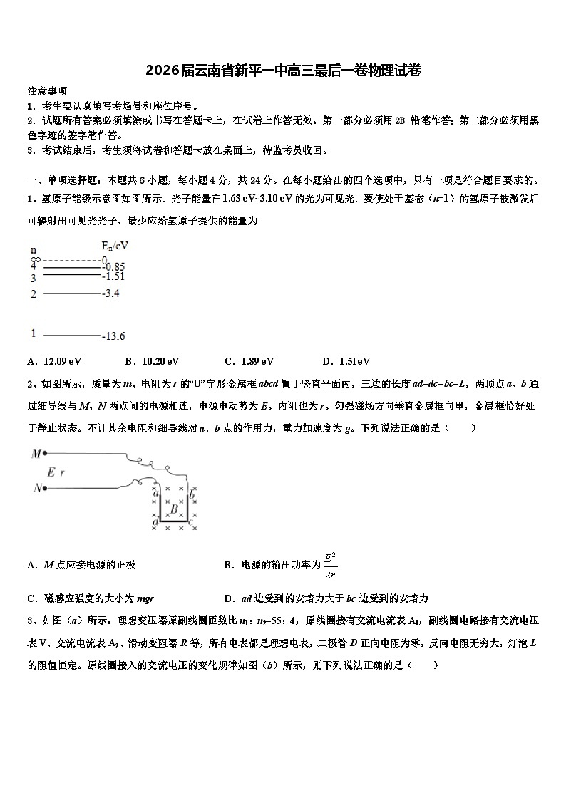 2026届云南省新平一中高三最后一卷物理试卷含解析第1页