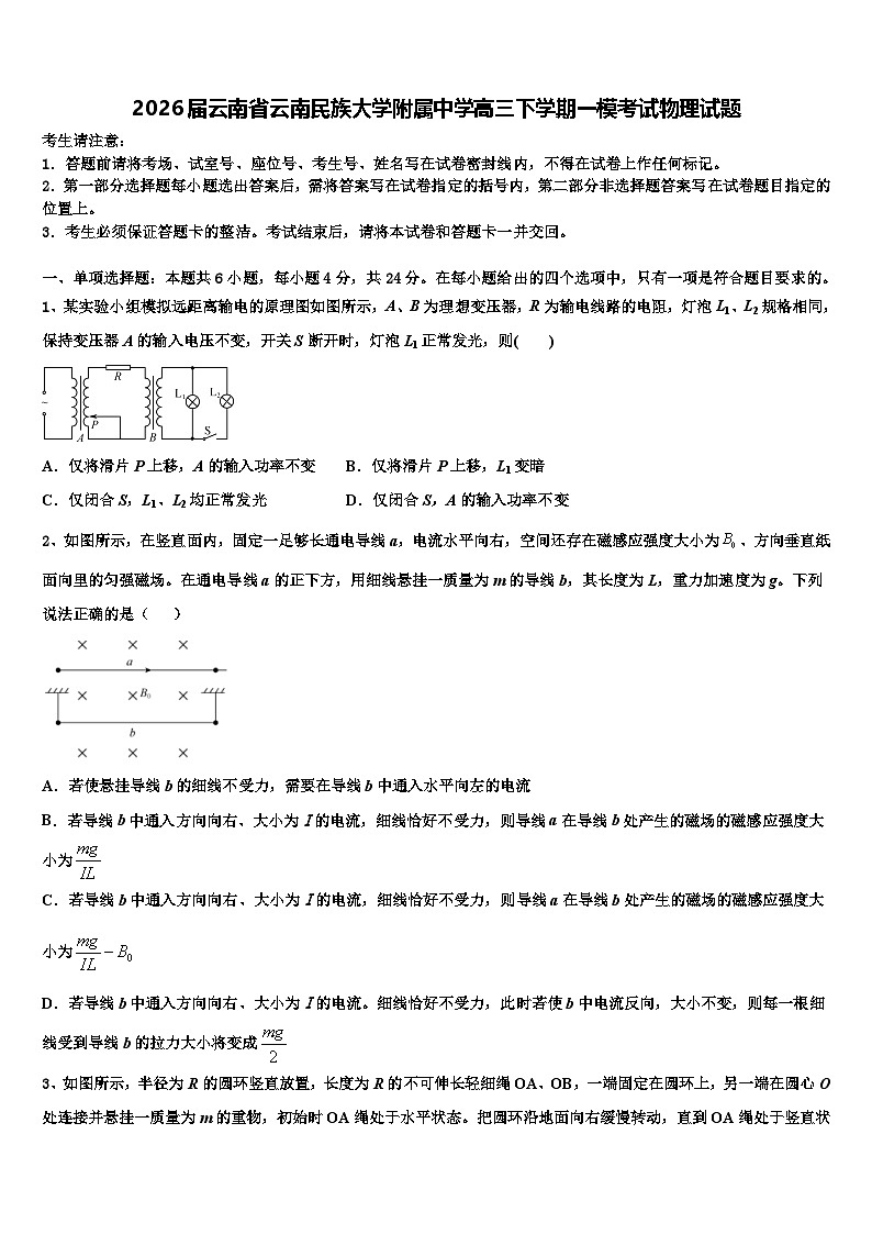 2026届云南省云南民族大学附属中学高三下学期一模考试物理试题含解析第1页