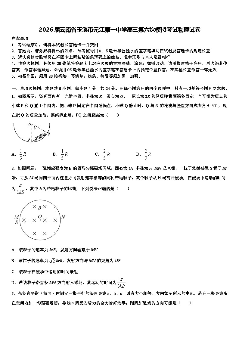 2026届云南省玉溪市元江第一中学高三第六次模拟考试物理试卷含解析第1页