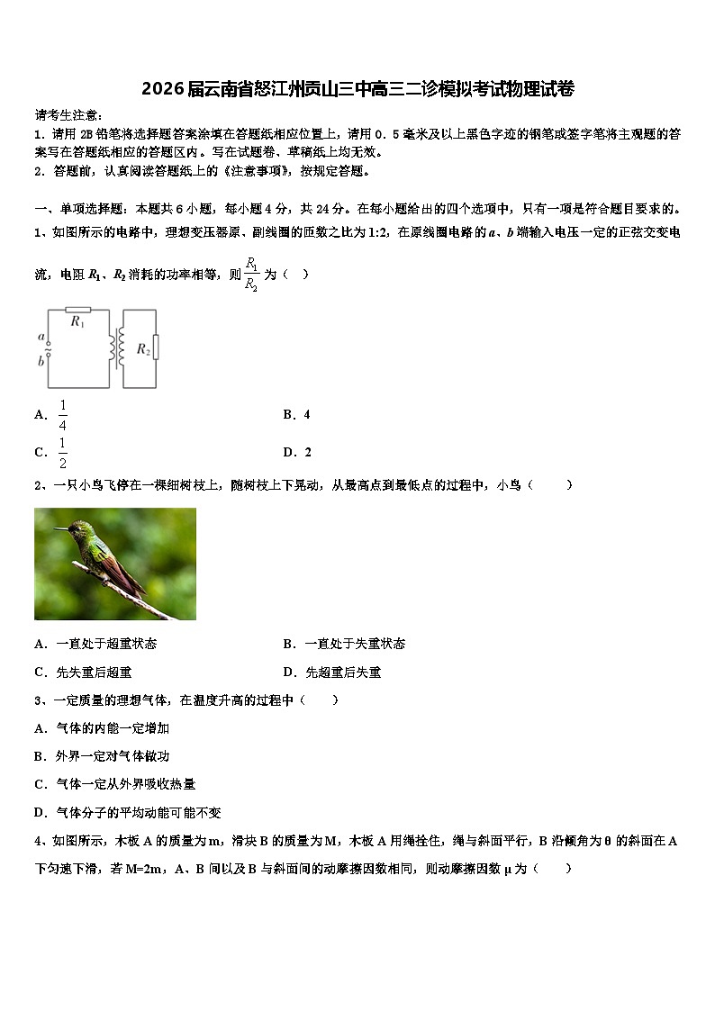2026届云南省怒江州贡山三中高三二诊模拟考试物理试卷含解析第1页