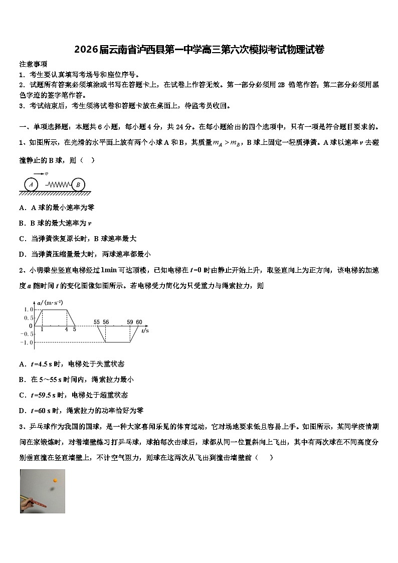 2026届云南省泸西县第一中学高三第六次模拟考试物理试卷含解析第1页