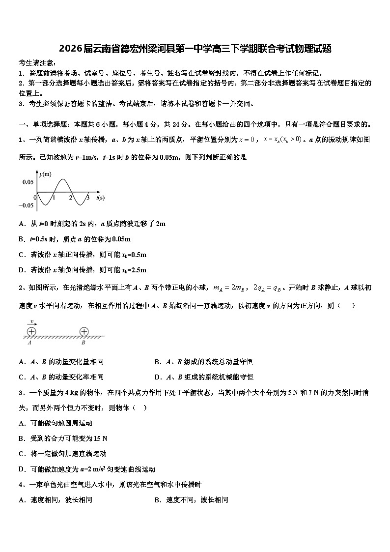 2026届云南省德宏州梁河县第一中学高三下学期联合考试物理试题含解析第1页