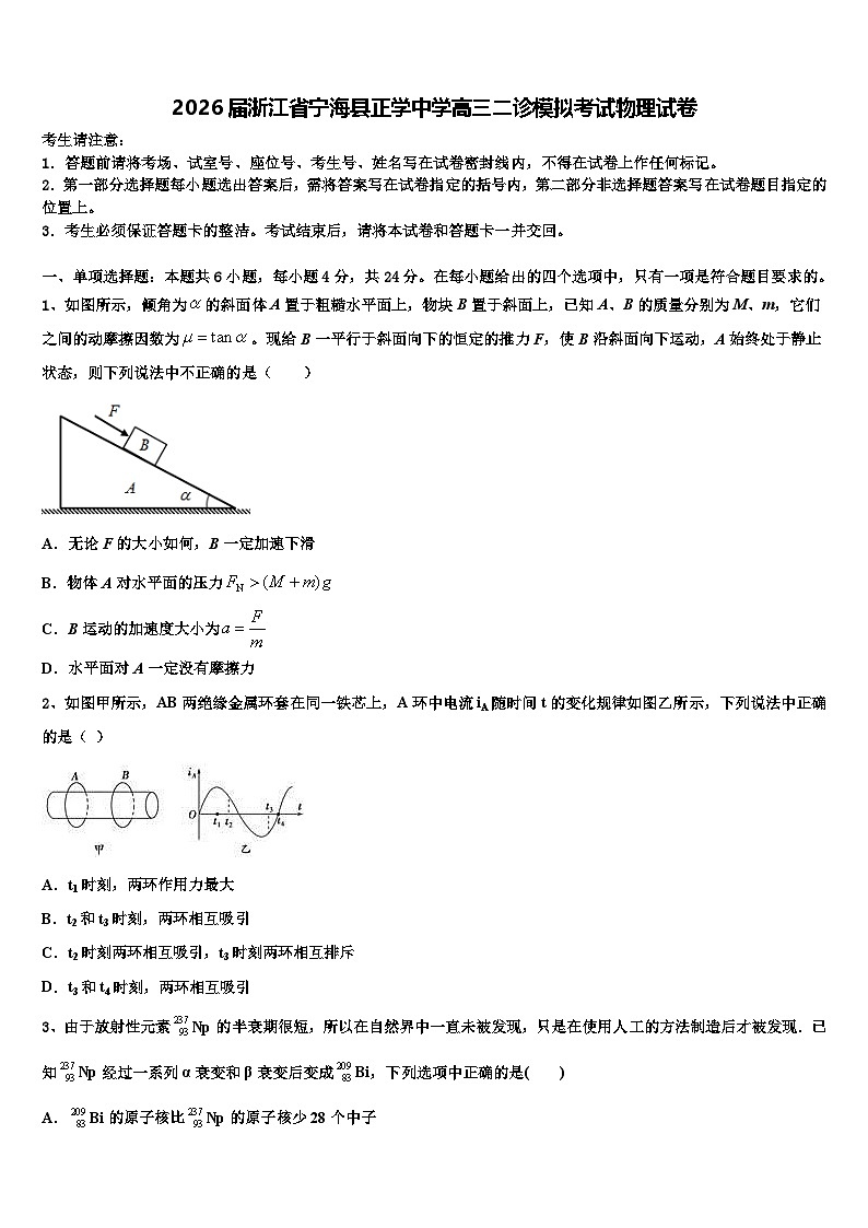 2026届浙江省宁海县正学中学高三二诊模拟考试物理试卷含解析第1页