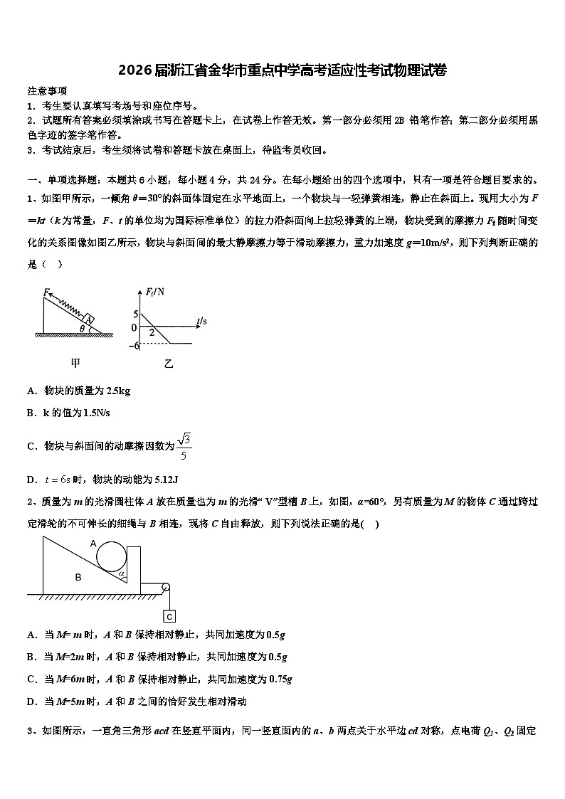 2026届浙江省金华市重点中学高考适应性考试物理试卷含解析第1页