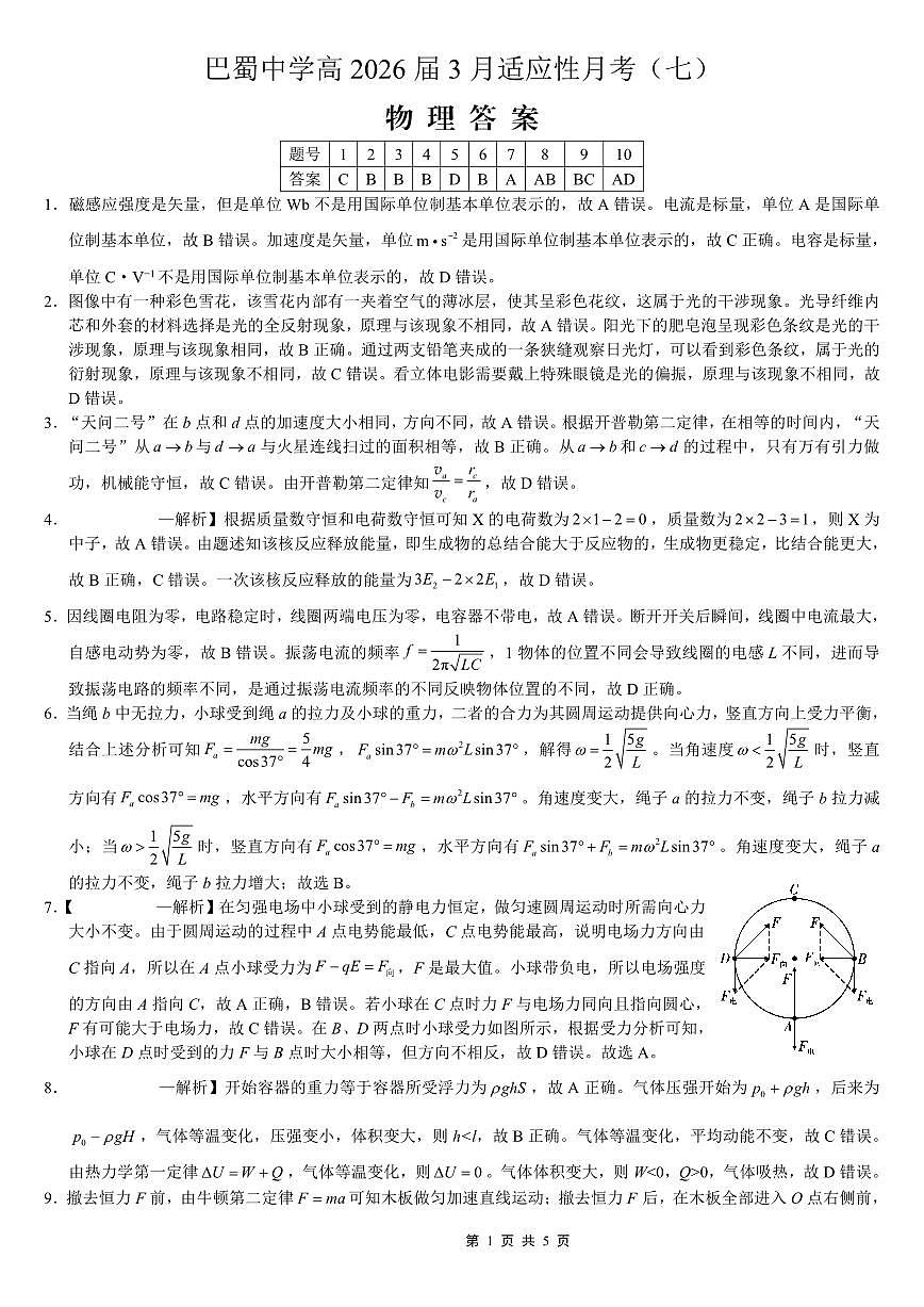 巴蜀中学2026届高考适应性月考卷（七）物理答案第1页
