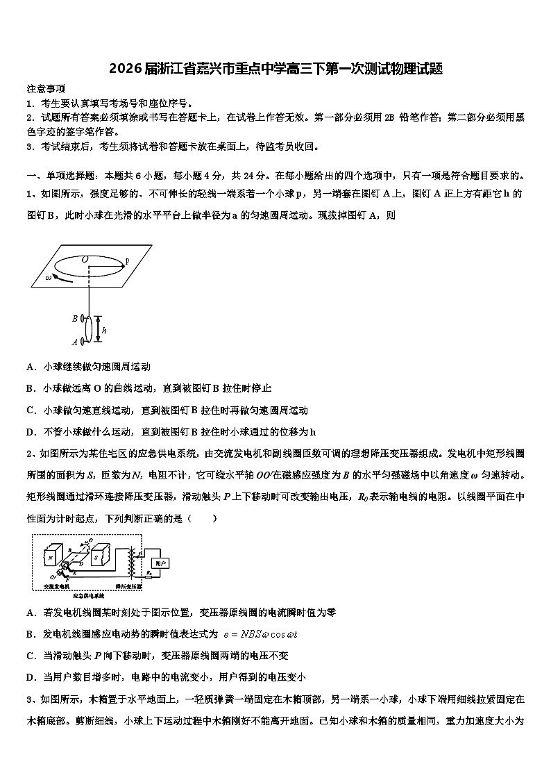 2026届浙江省嘉兴市重点中学高三下第一次测试物理试题含解析第1页