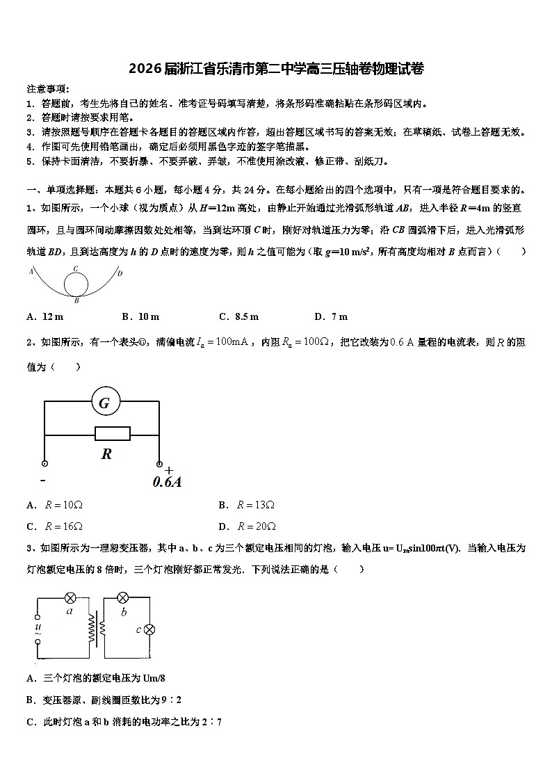 2026届浙江省乐清市第二中学高三压轴卷物理试卷含解析第1页
