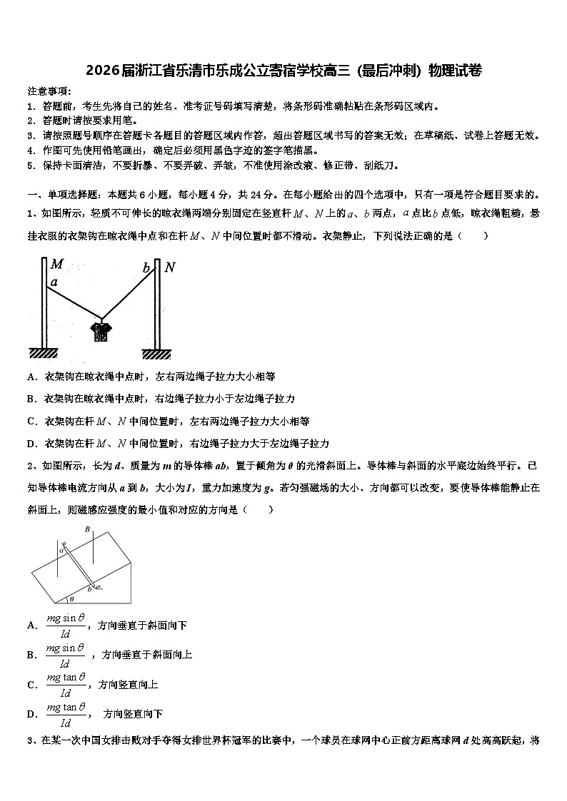 2026届浙江省乐清市乐成公立寄宿学校高三（最后冲刺）物理试卷含解析第1页