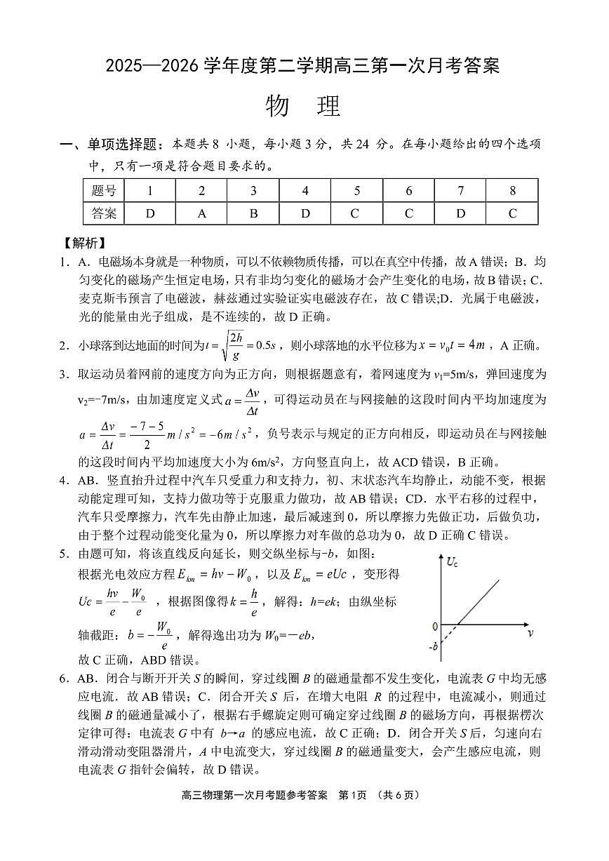文昌中学2025一2026学年度第二学期高三第一次月考试题 物理答案第1页
