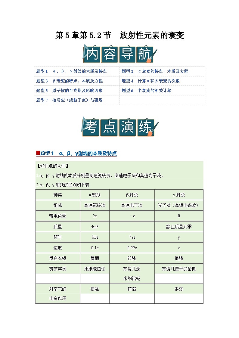 第5章第5.2节  放射性元素的衰变 高中物理选择性必修三同步讲义（粤科版2019）（原卷版）第1页