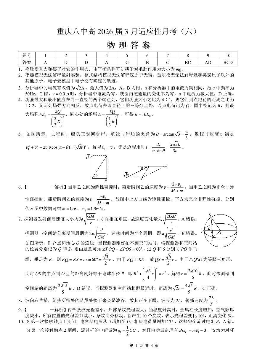 重庆市第八中学2026届高考适应性月考卷（六）物理答案第1页