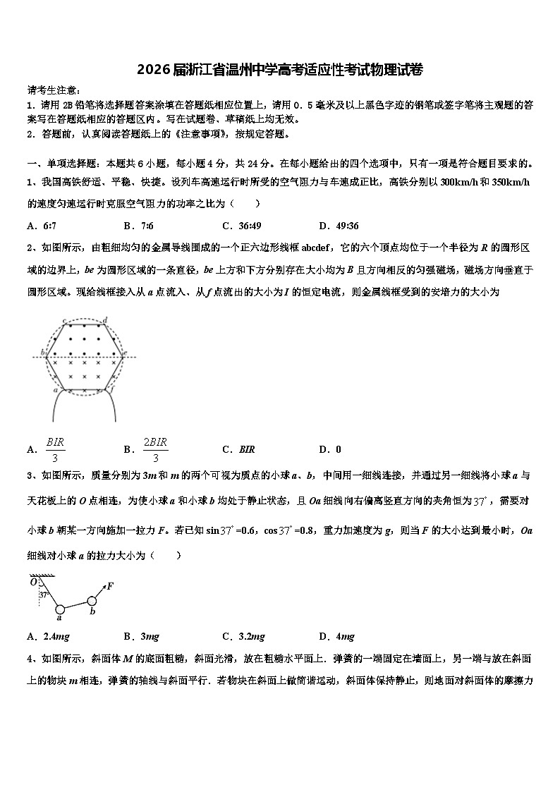 2026届浙江省温州中学高考适应性考试物理试卷含解析第1页