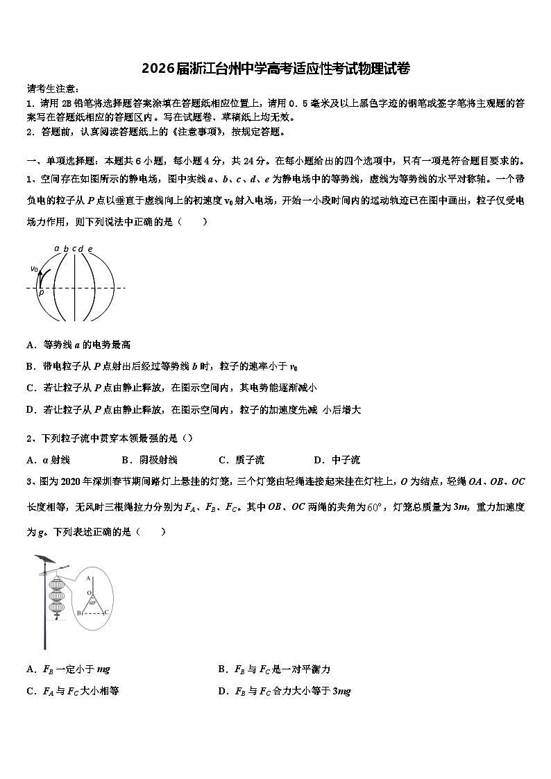 2026届浙江台州中学高考适应性考试物理试卷含解析第1页