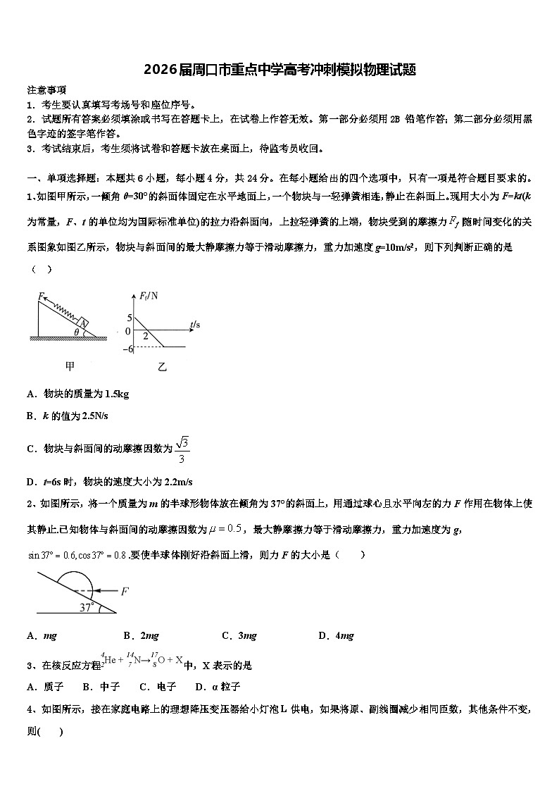 2026届周口市重点中学高考冲刺模拟物理试题含解析第1页