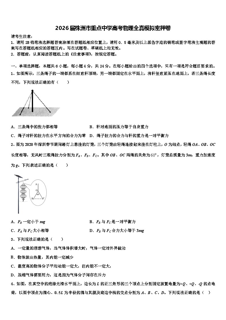 2026届株洲市重点中学高考物理全真模拟密押卷含解析第1页