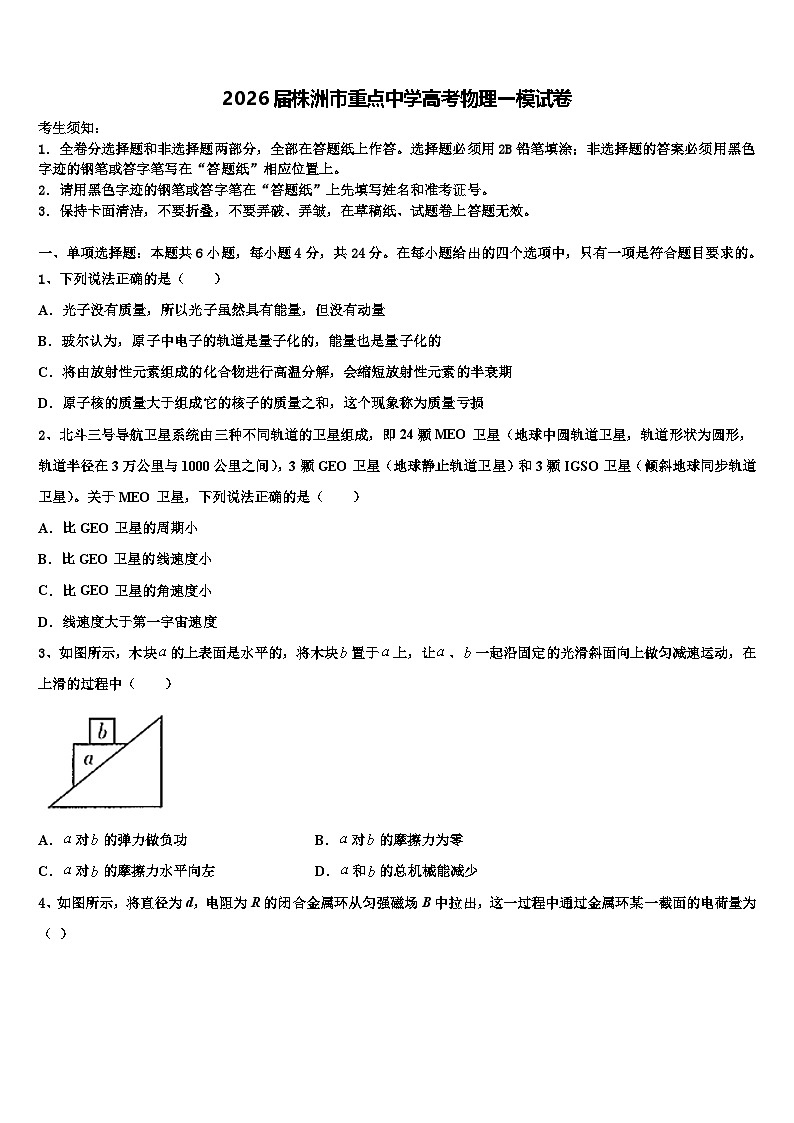 2026届株洲市重点中学高考物理一模试卷含解析第1页
