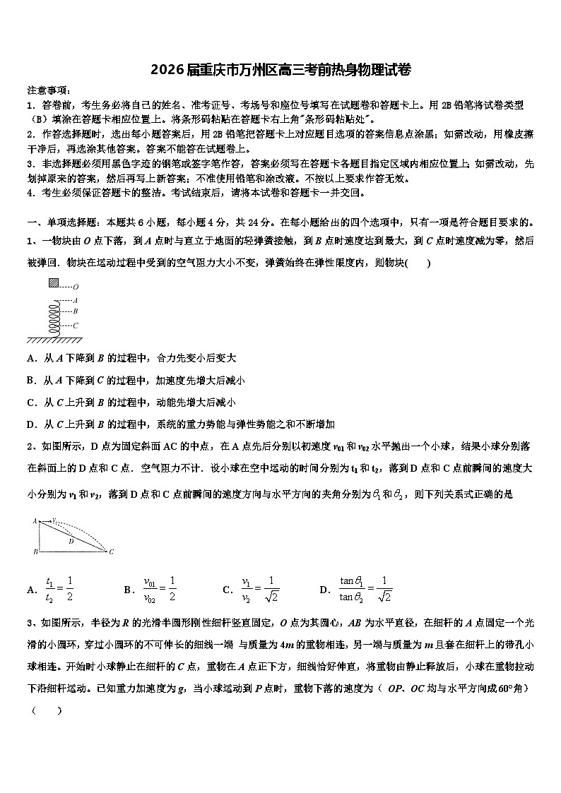 2026届重庆市万州区高三考前热身物理试卷含解析第1页