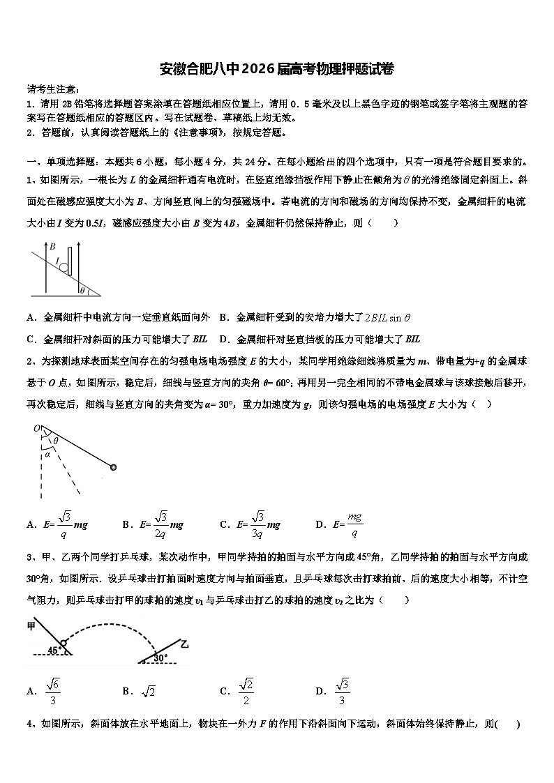 安徽合肥八中2026届高考物理押题试卷含解析第1页