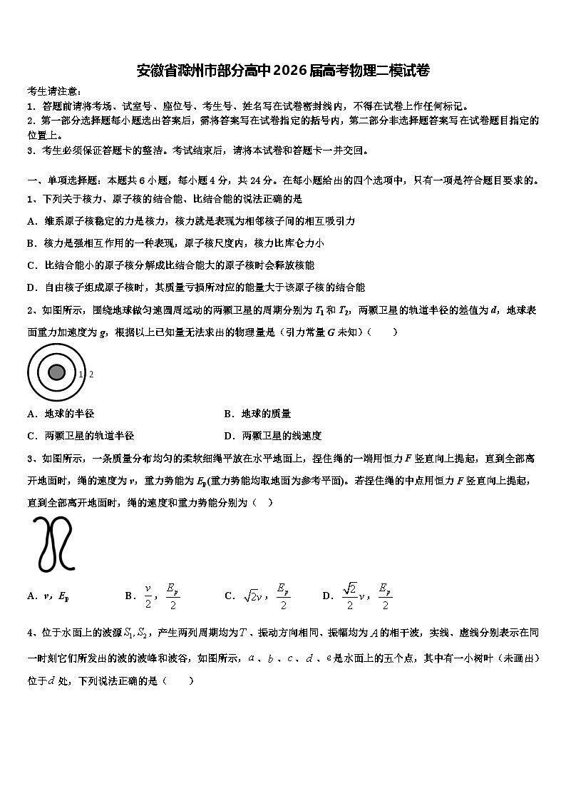 安徽省滁州市部分高中2026届高考物理二模试卷含解析第1页