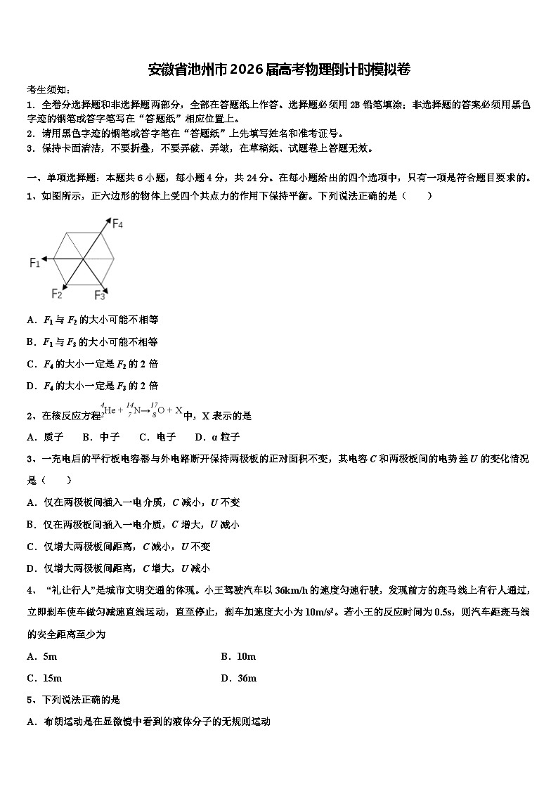 安徽省池州市2026届高考物理倒计时模拟卷含解析第1页