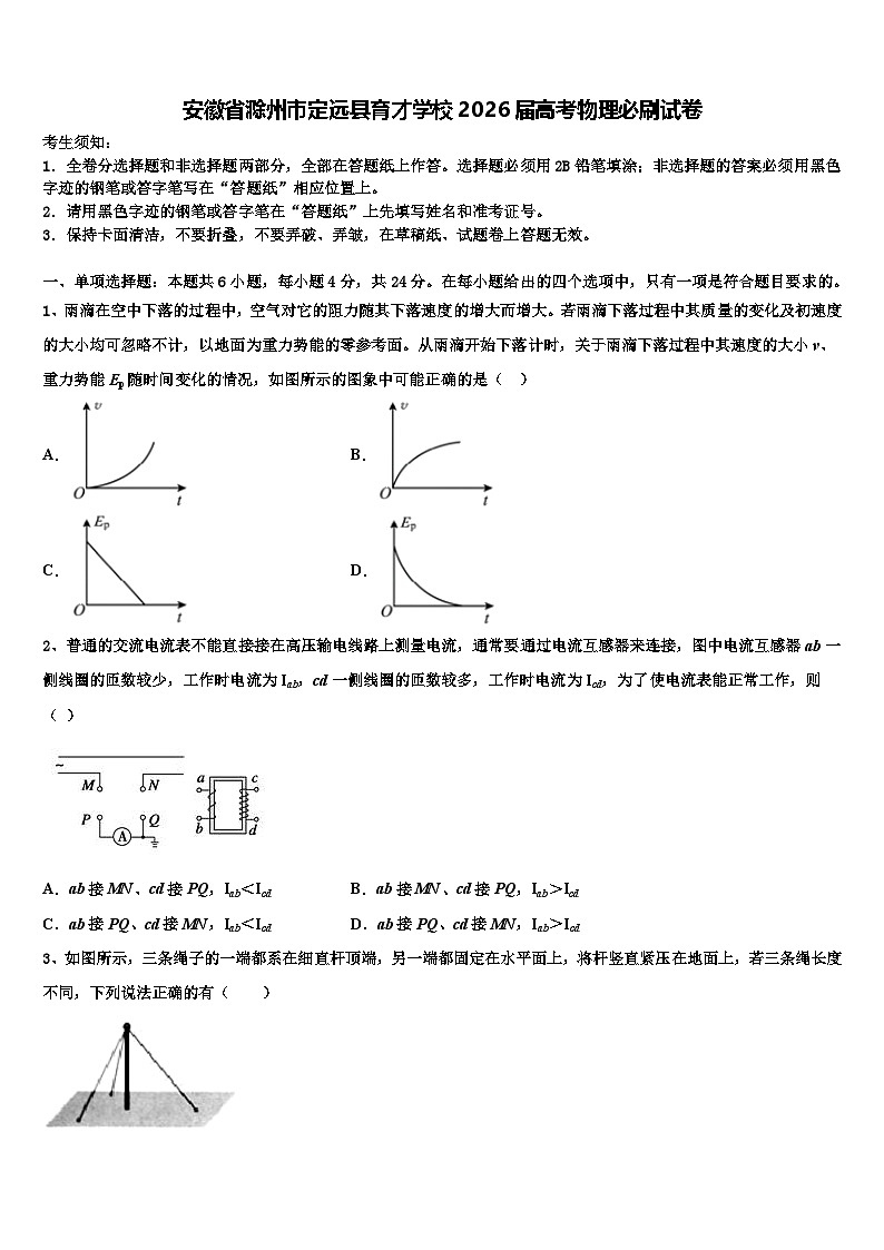 安徽省滁州市定远县育才学校2026届高考物理必刷试卷含解析第1页