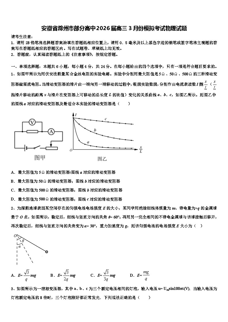 安徽省滁州市部分高中2026届高三3月份模拟考试物理试题含解析第1页
