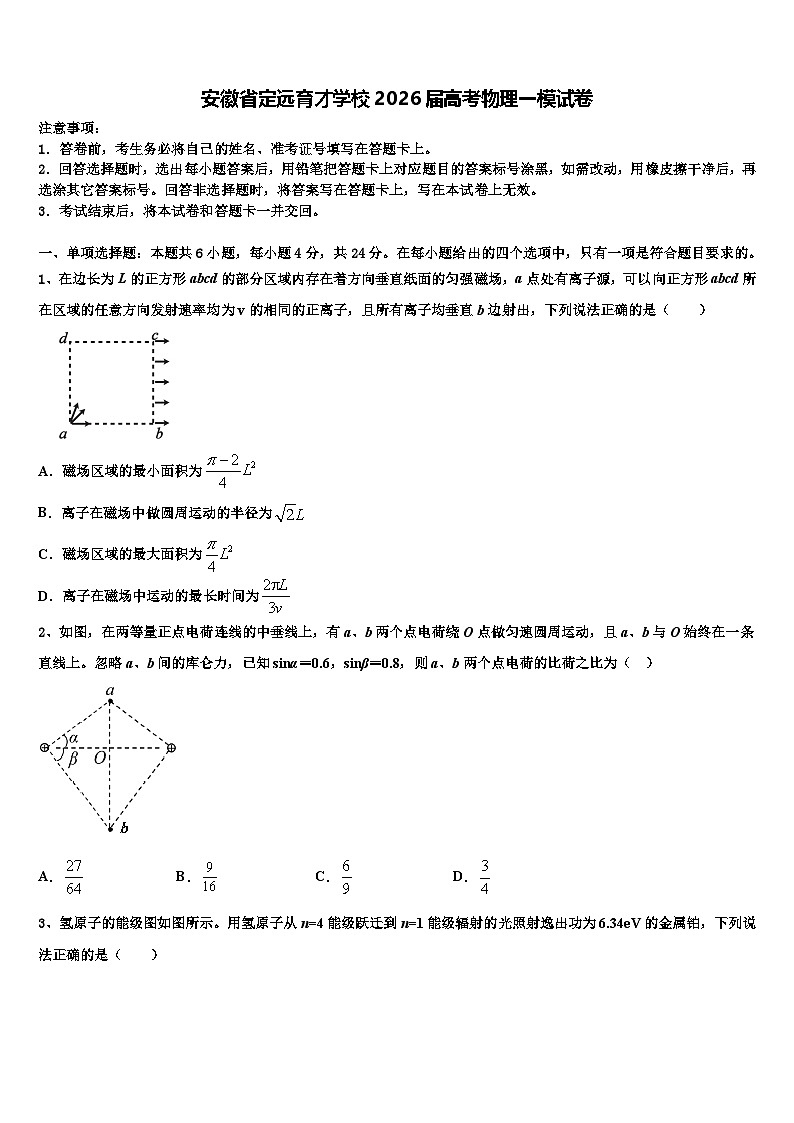 安徽省定远育才学校2026届高考物理一模试卷含解析第1页