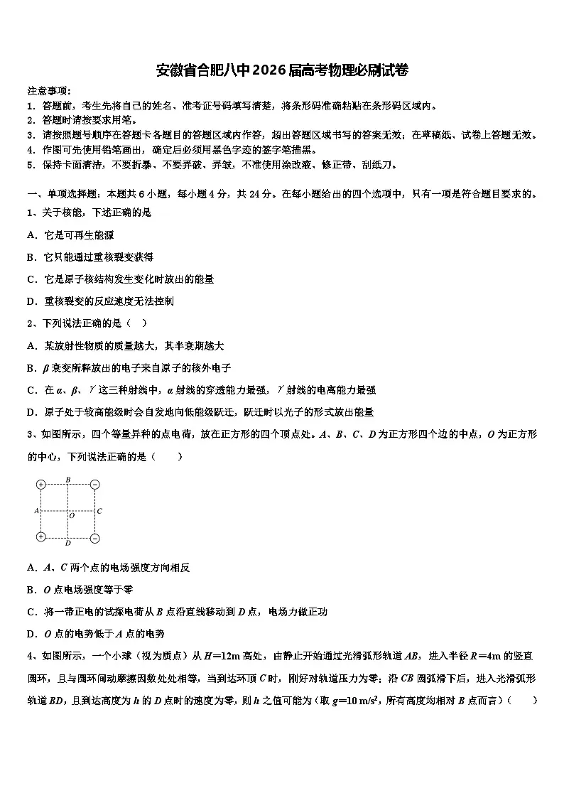 安徽省合肥八中2026届高考物理必刷试卷含解析第1页