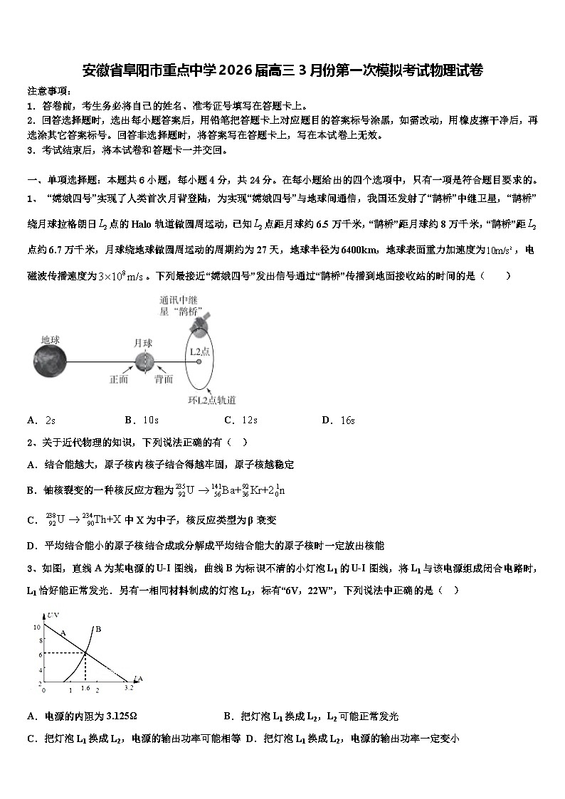 安徽省阜阳市重点中学2026届高三3月份第一次模拟考试物理试卷含解析第1页