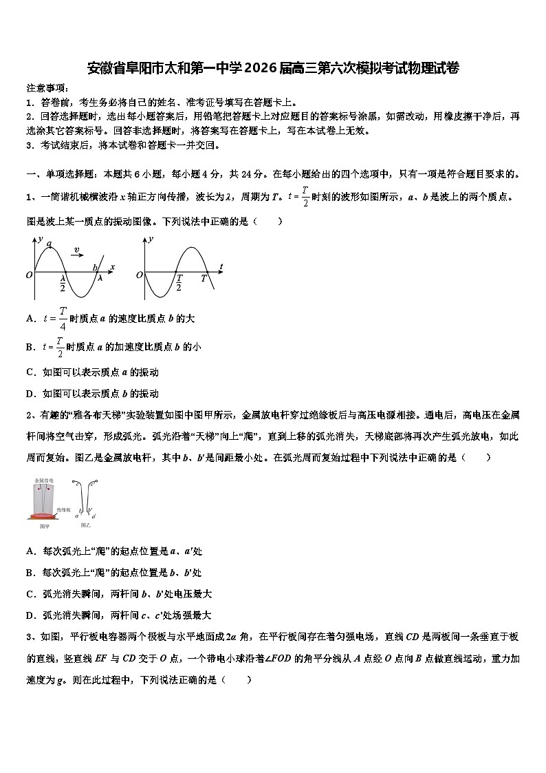 安徽省阜阳市太和第一中学2026届高三第六次模拟考试物理试卷含解析第1页