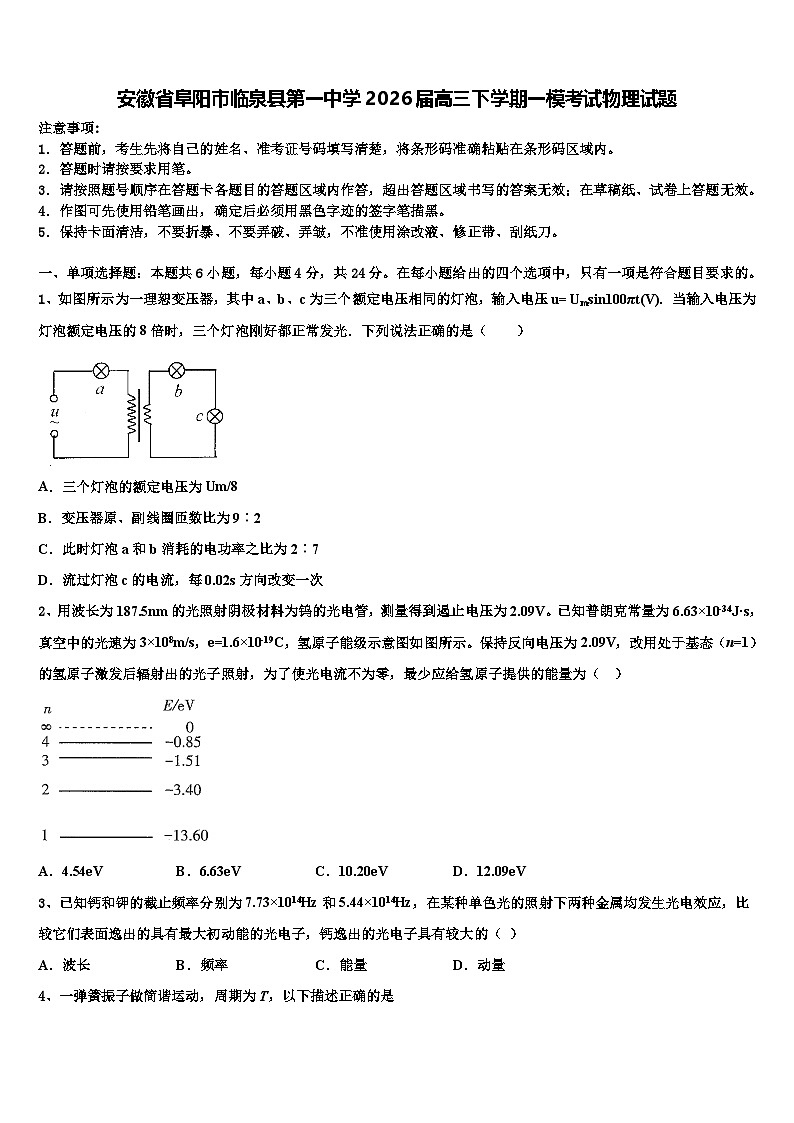 安徽省阜阳市临泉县第一中学2026届高三下学期一模考试物理试题含解析第1页
