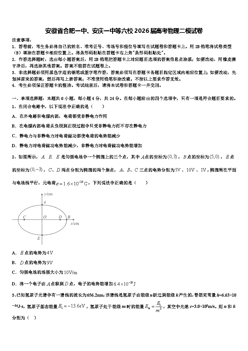 安徽省合肥一中、安庆一中等六校2026届高考物理二模试卷含解析第1页