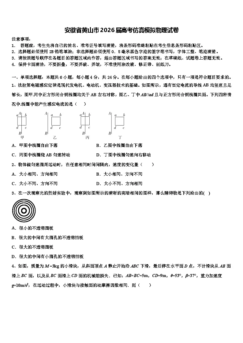 安徽省黄山市2026届高考仿真模拟物理试卷含解析第1页