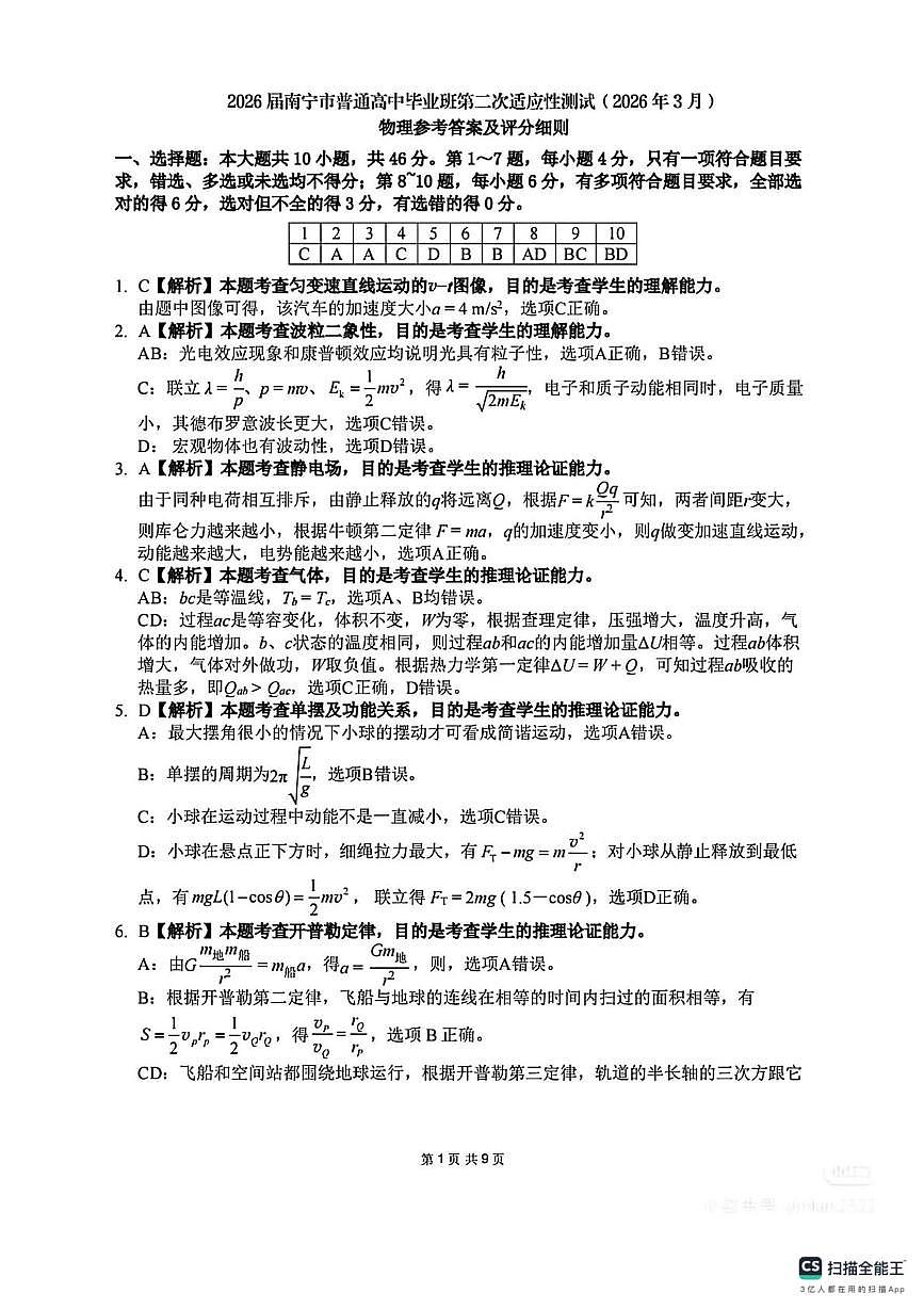 2026届南宁二模物理答案第1页
