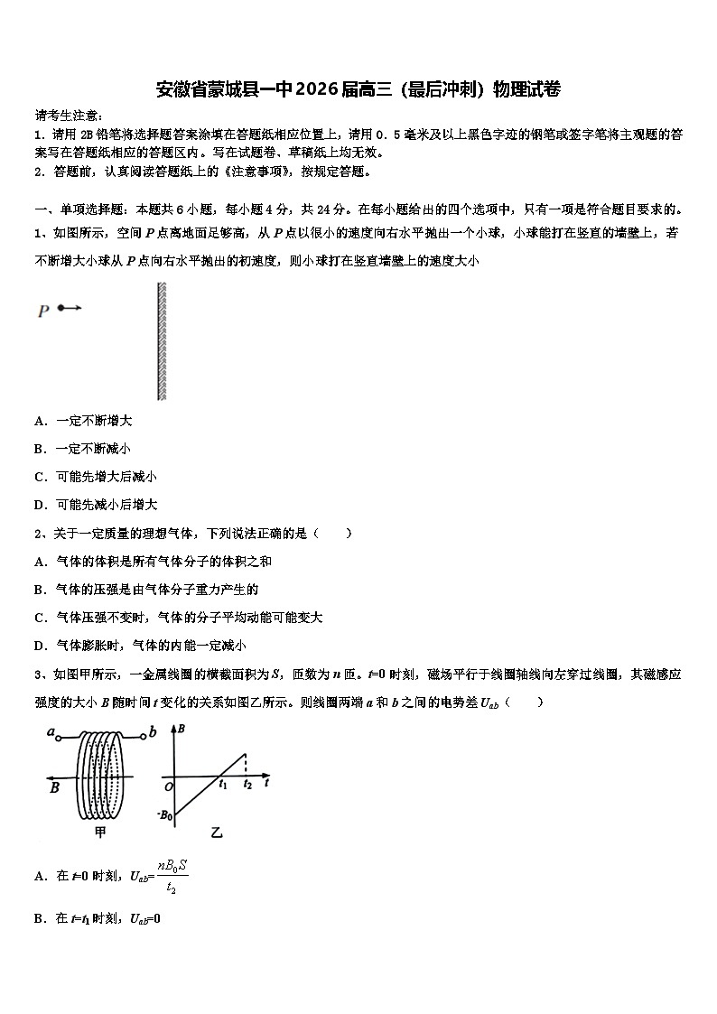 安徽省蒙城县一中2026届高三（最后冲刺）物理试卷含解析第1页