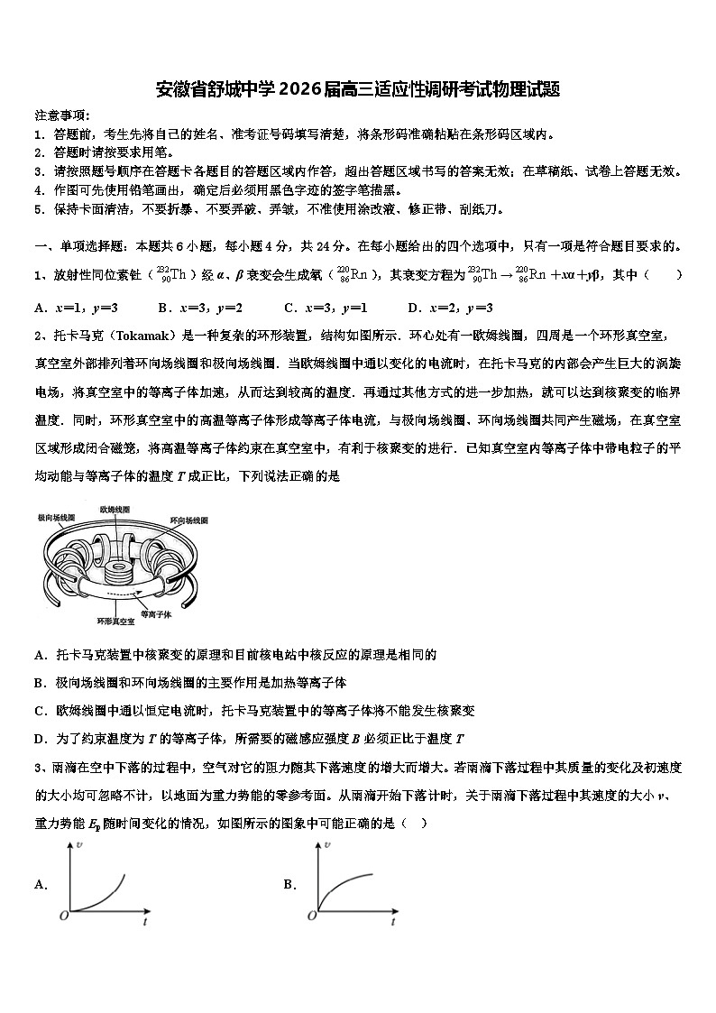 安徽省舒城中学2026届高三适应性调研考试物理试题含解析第1页