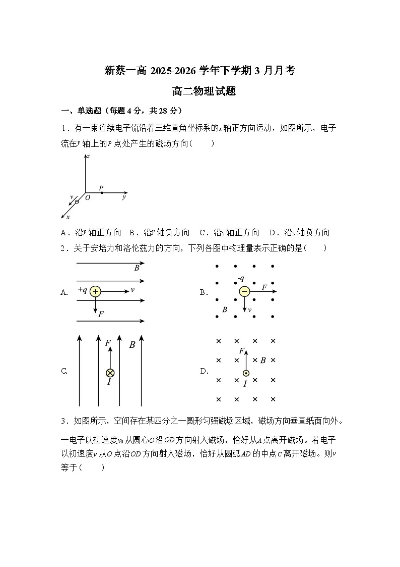 河南省驻马店市新蔡县第一高级中学2025-2026学年高二下学期3月阶段检测物理试题（含解析）第1页