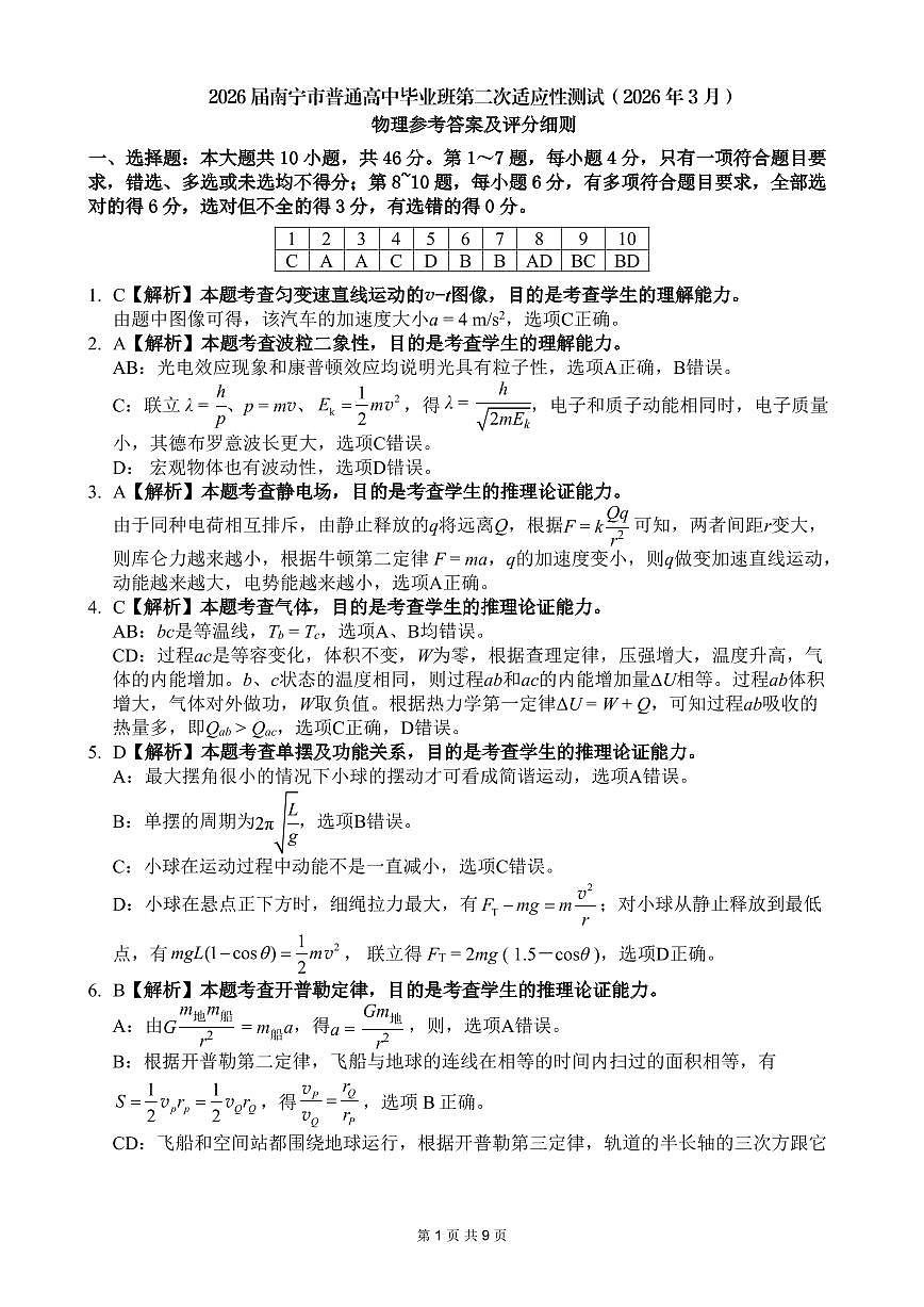 南宁市2026届普通高中毕业班第二次适应性测试 物理答案第1页